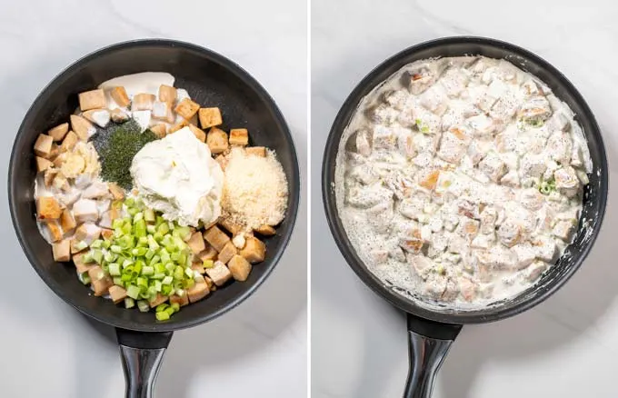 Step by step pictures showing how the creamy sauce with poppy seeds is made in the same pan as the chicken bits.