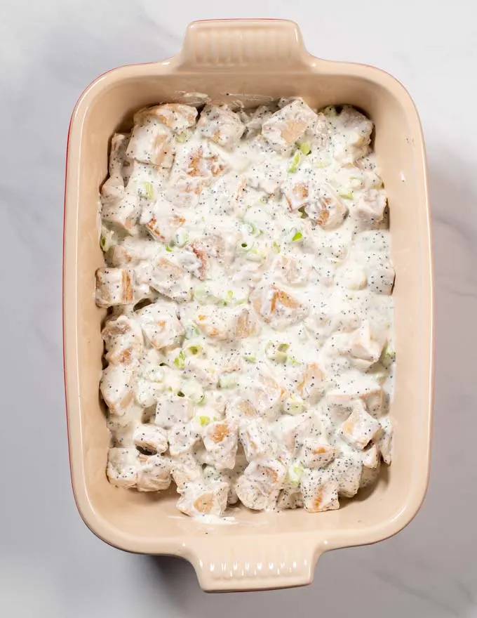 Top view of a casserole dish with the Poppy Seed Chicken.