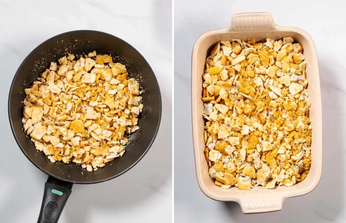 Step by step pictures showing how crushed crackers are mixed with butter and given over the casserole.