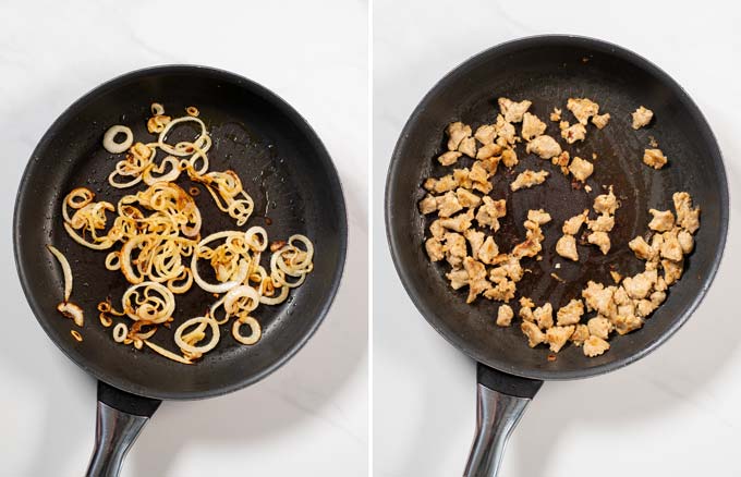 Step by step picture showing how first onions are caramelized and then sausage bits fried in a pan.