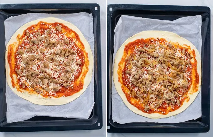 Step by step pictures showing how Sausage bits and caramelized onions are given on the Sausage Pizza.