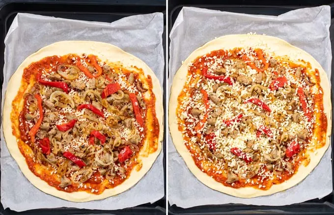 Final steps: adding roasted pepper and vegan cheese on top of the Pizza.