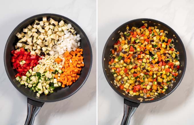 Step by step pictures showing how leftover vegetables are fried in a pan.