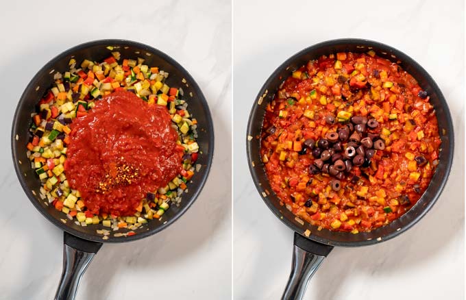 Step by step pictures showing how tomato sauce, spices, and olives are mixed with fried vegetables.