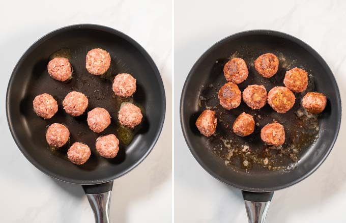 Step by step pictures showing the frying of meatballs.
