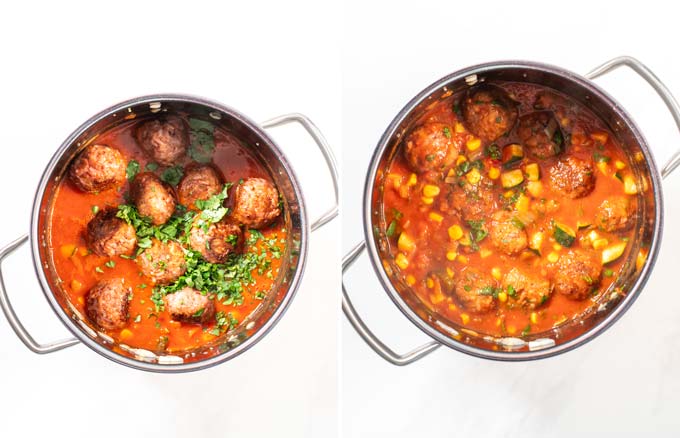 Final steps of preparation of the Albondigas Soup.