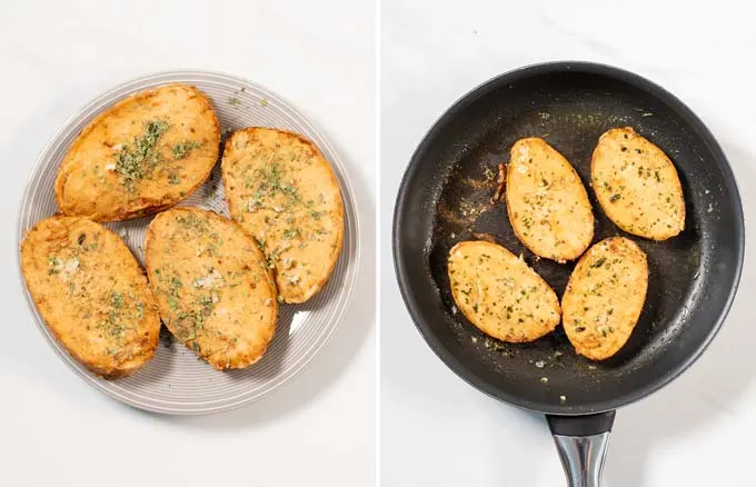 Step by step pictures showing the seasoning and frying of vegan chicken filets.