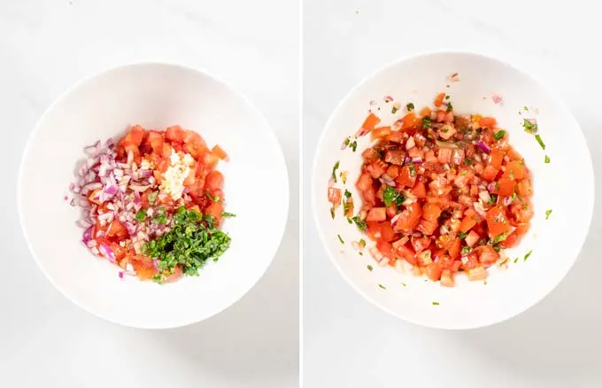 Step by step pictures showing how tomato mixture for the Bruschetta is mixed in a white bowl.