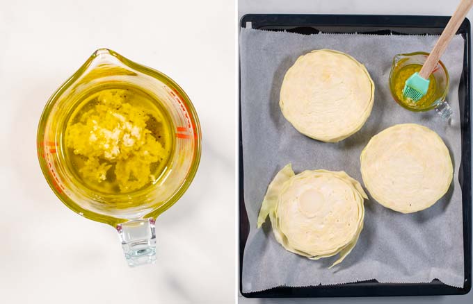 Side by side view showing the whisked together oil and garlic and the cabbage head cut into steaks on a baking sheet.