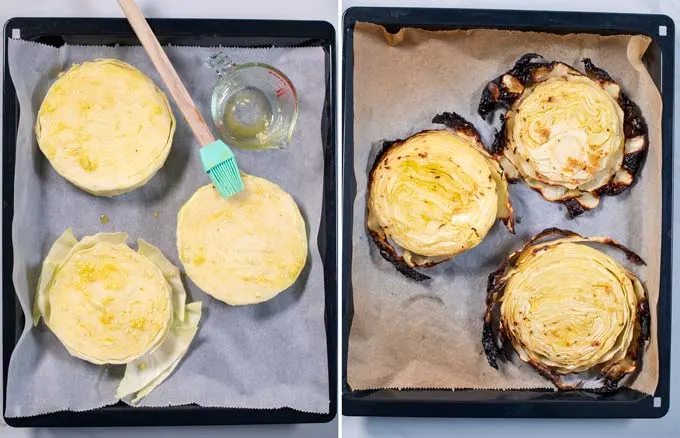 Cabbage Steaks on a baking sheet before and after roasting in the oven.