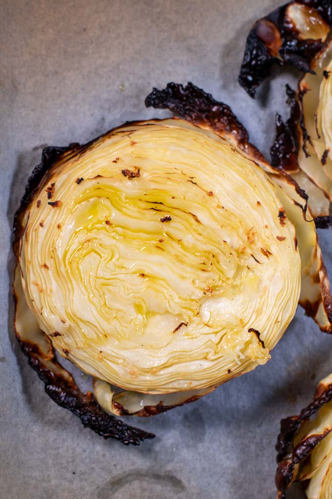 Closeup on a Cabbage steak.