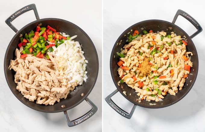 Side by side view of two pictures showing frying of the vegetables and chicken.