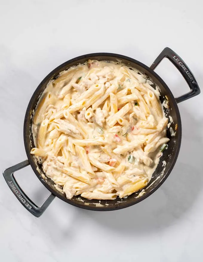 Top view of a pan with Cajun Chicken Pasta.