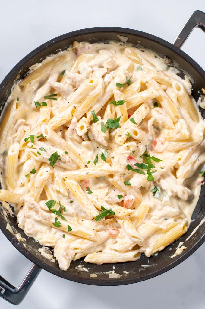 Closeup of Cajun Chicken Pasta.