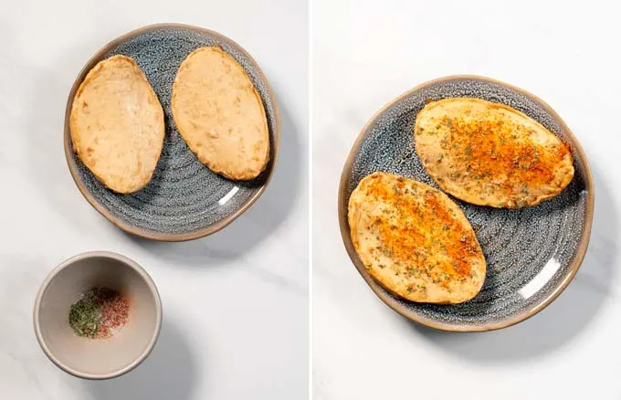 Step by step pictures showing how vegan chicken is seasoned.