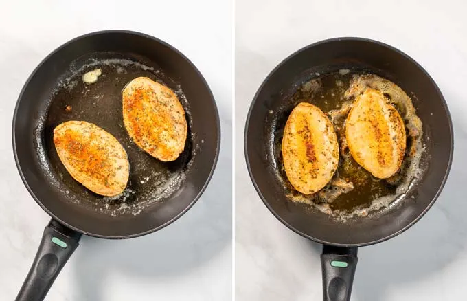 Step by step pictures showing how vegan chicken is fried.