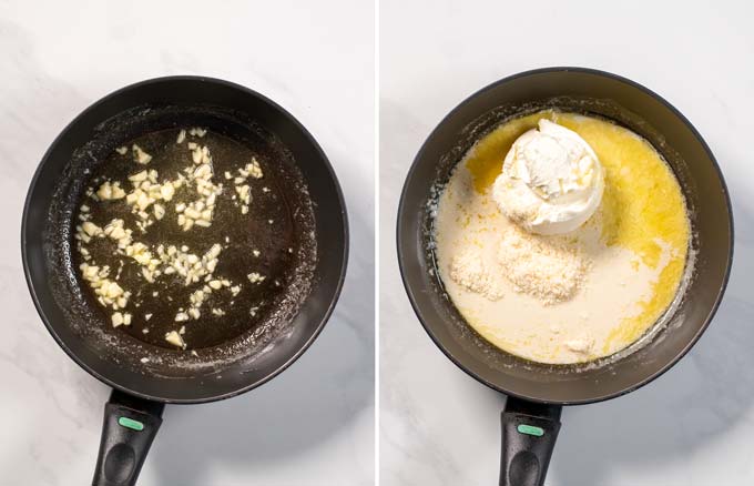 Side by side view of a pan with steps showing the preparation of Alfredo Sauce.
