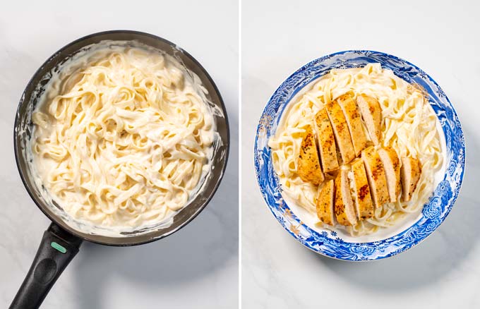 Side by side view of Alfredo pasta in a pan and a large serving of Chicken Alfredo.