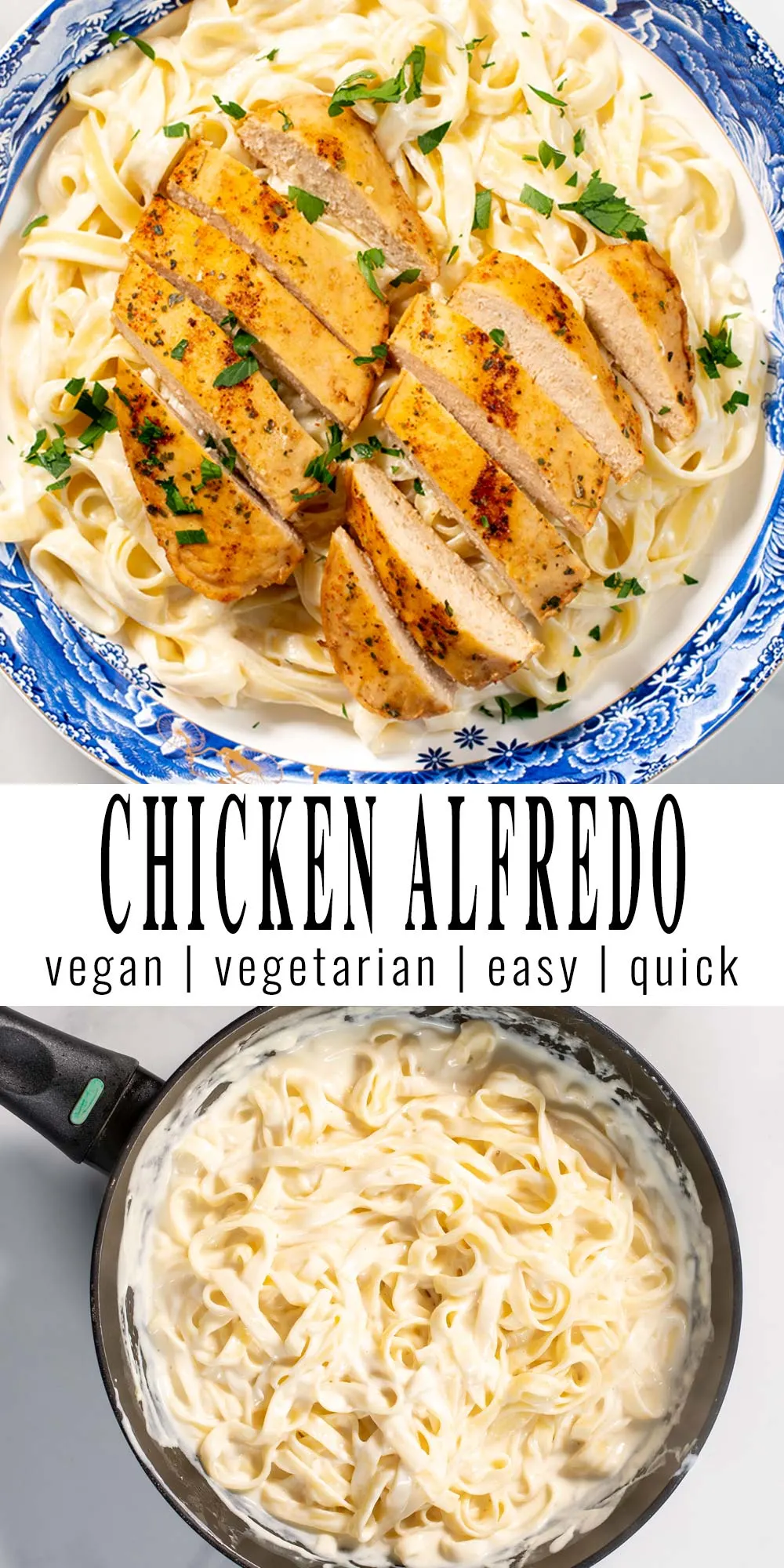 Collage of two photos of Chicken Alfredo with recipe title text.