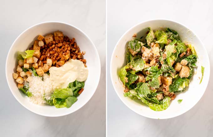 Side by side pictures showing how a simple Caesar Salad is mixed in a white bowl.