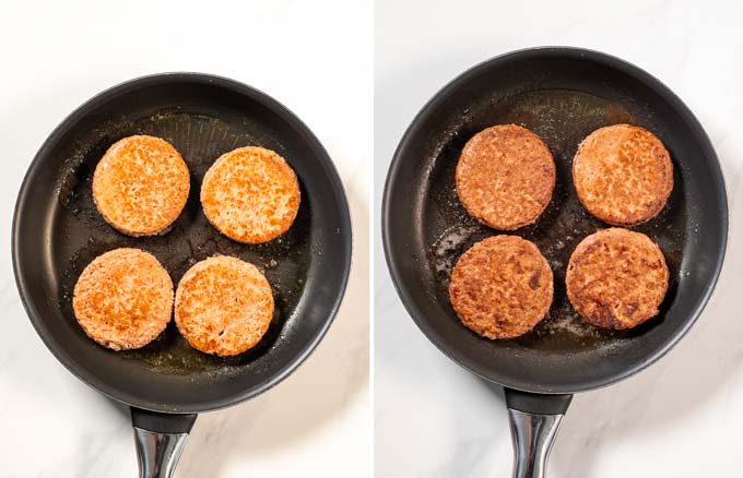 Step by step pictures showing how hamburgers are fried in a pan.