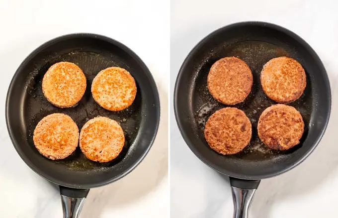 Step by step pictures showing how hamburgers are fried in a pan.