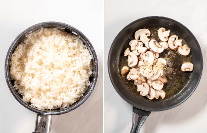 Side by side photos of a pot with cooked rice and a frying pan with sliced mushrooms and spices.