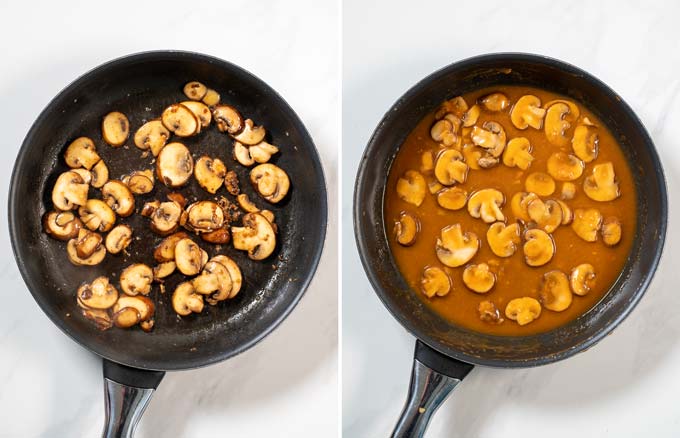 Side by side view of a pan with fried mushrooms and mushroom gravy.