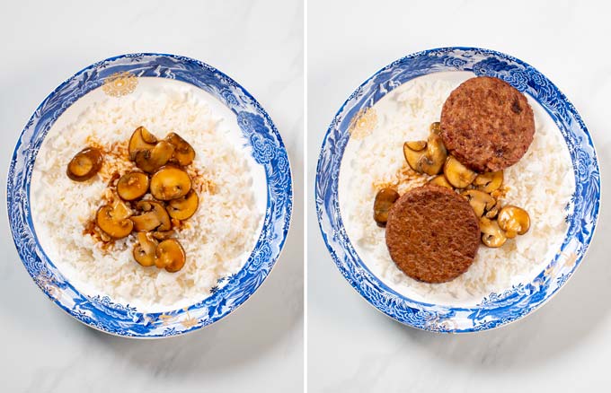 Step by step instructions showing how Loco Moco is assembled, starting with rice, followed by mushroom gravy and hamburgers.