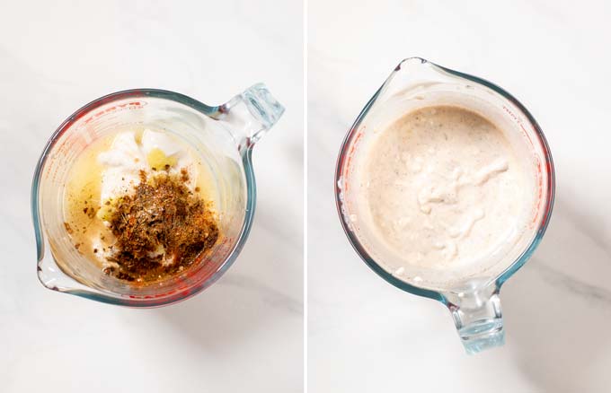 Step by step pictures showing a glass jar with the creamy marinade.