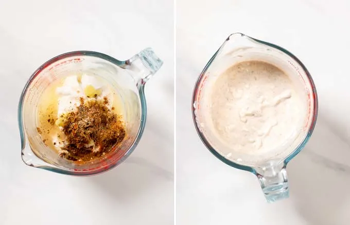 Step by step pictures showing a glass jar with the creamy marinade.