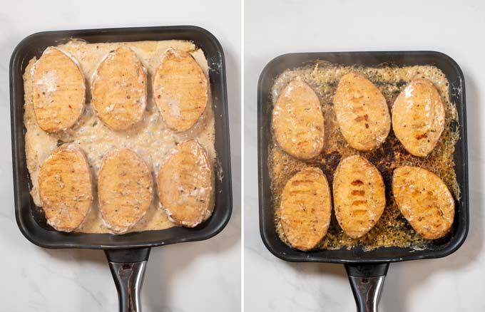 Step by step pictures showing Tandoori Chicken being grilled in a pan.