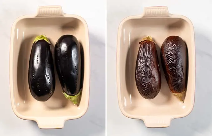 Step by step pictures showing eggplants being roasted.