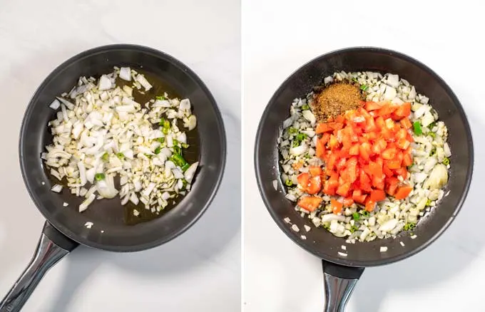 Side by side instruction pictures showing vegetables being roasted.