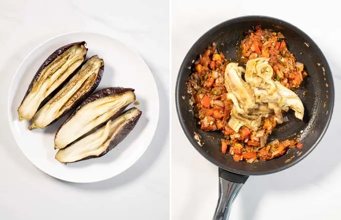 Visual guide showing how eggplant mash is added to the pan with spices and vegetables.