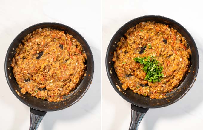 Top view on a pan with Baingan Bharta.