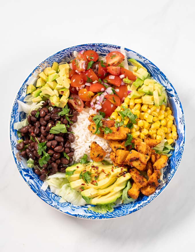 Top view of a large serving of Burrito Bowl.