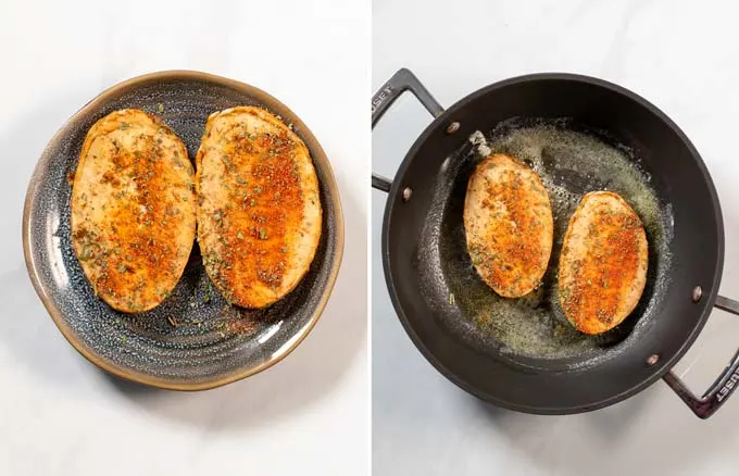 Step by step pictures showing the preparation of vegan chicken filets.