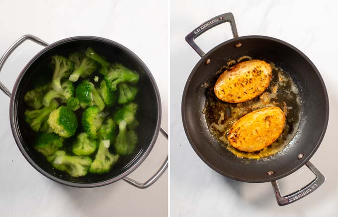 Step by step pictures hosing the pre-cooking of broccoli.