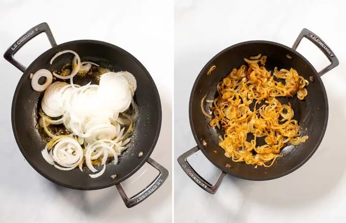 Step by step instructions for making caramelized onions.