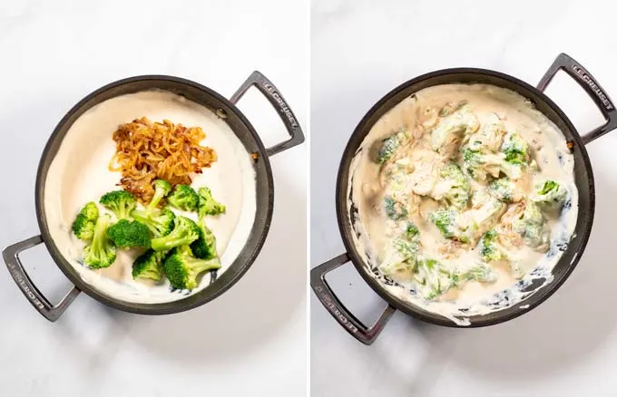 Two pictures showing how broccoli and caramelized onions are mixed with the creamy Alfredo Sauce.