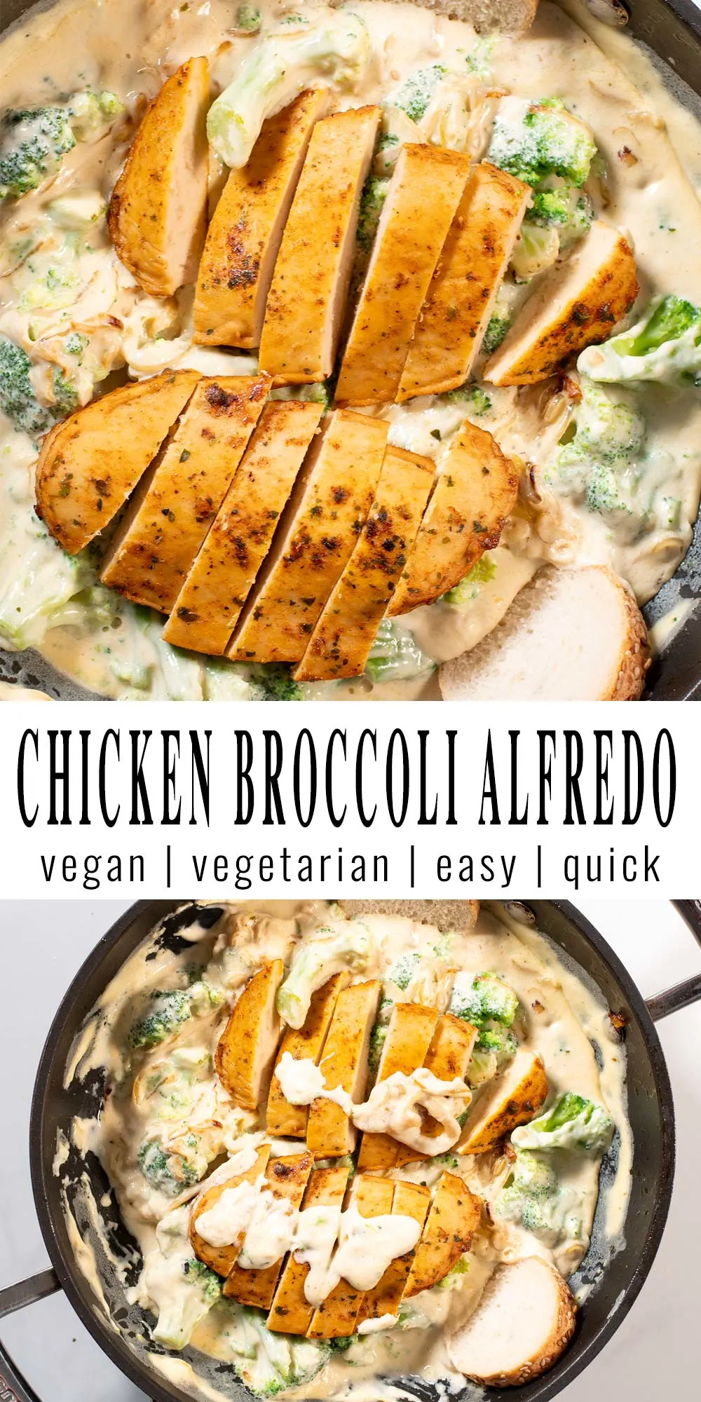 Collage of two pictures of Chicken Broccoli Alfredo with recipe title text.