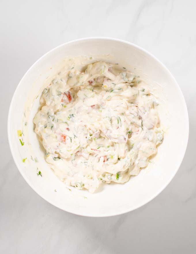 View of the Cream Cheese Dip in a white bowl.