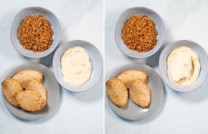 Visual step by step guide how to coat vegan chicken in a crispy crust.