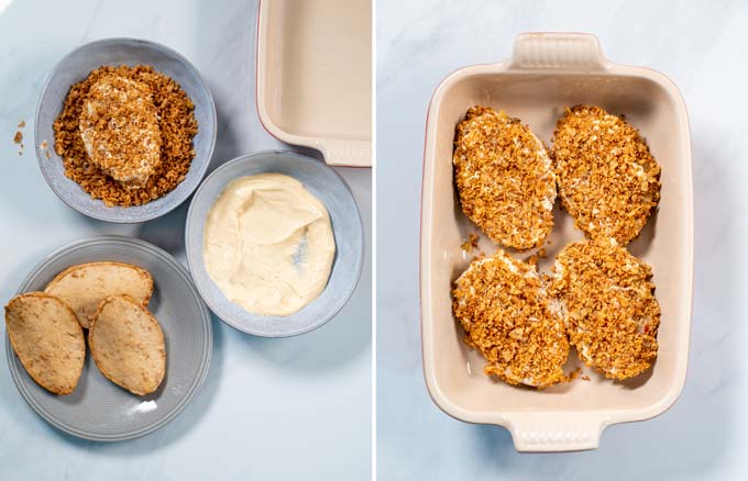 Step by step pictures showing coated Crispy Chicken.