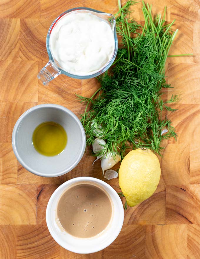 Ingredients needed to make Dill Sauce are collected before preparation.