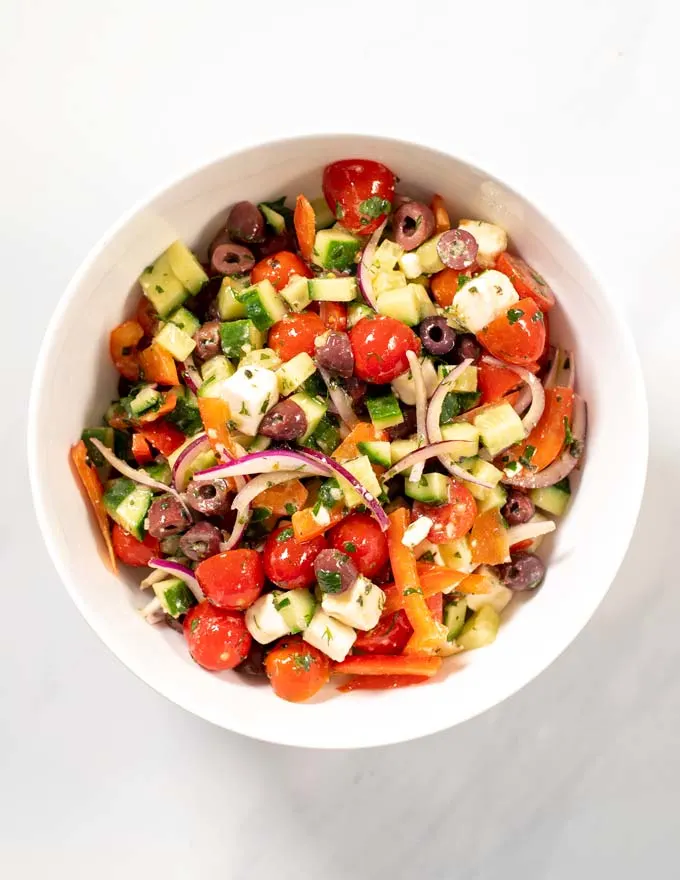 Mixed Greek Salad in a large bowl.