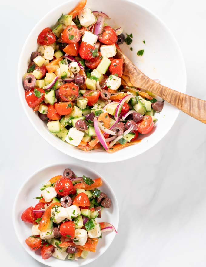 Top view of a serving of Greek Salad.