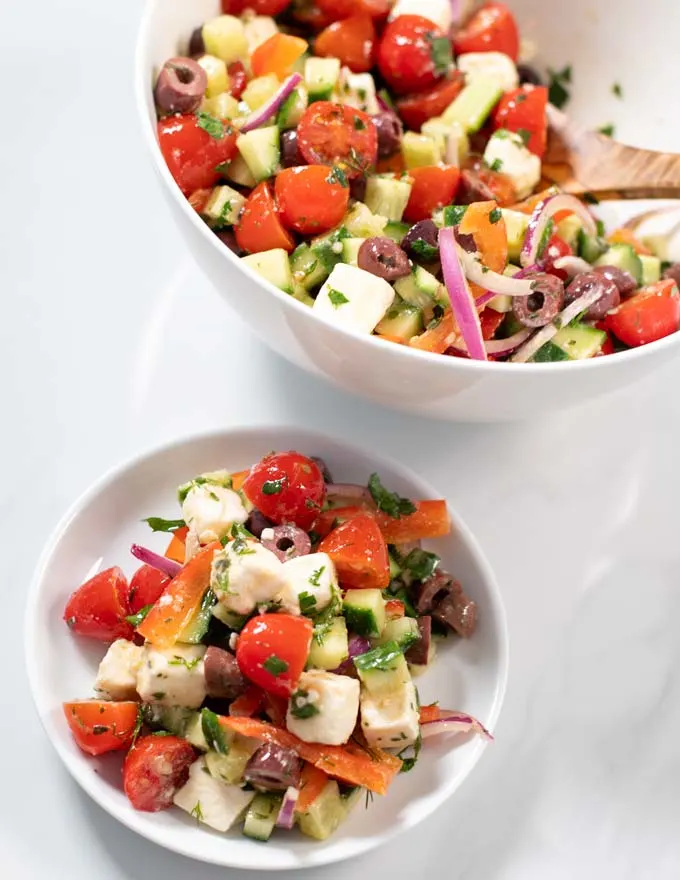 Closeup on a serving of Greek Salad.