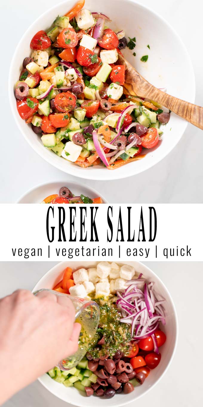 Collage of two photos of Greek Salad with recipe title text.